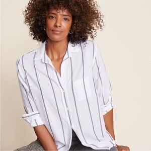 Grayson Womens Hero Button Down Top White Blue Pinstripe Cotton Coastal Preppy